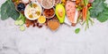 Ketogenic low carbs diet concept. Ingredients for healthy foods selection set up on white concrete background Royalty Free Stock Photo