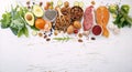 Ketogenic low carbs diet concept. Ingredients for healthy foods selection on white wooden background. Balanced healthy ingredients Royalty Free Stock Photo