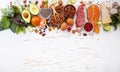 Ketogenic low carbs diet concept. Ingredients for healthy foods selection on white wooden background. Balanced healthy ingredients Royalty Free Stock Photo