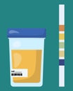 Ketone test, paper strip with colored squares for testing acetone levels and a closed container with a urine sample