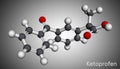 Ketoprofen molecule. It is a propionic acid derivative, nonsteroidal anti-inflammatory drug NSAID. Molecular model. 3D rendering