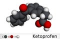 Ketoprofen molecule. It is a propionic acid derivative, nonsteroidal anti-inflammatory drug NSAID. Molecular model. 3D rendering