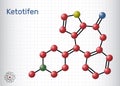 Ketotifen, histamine H1 receptor blocker molecule. It is used to treat atopic asthma, allergic conjunctivitis. Molecule model.