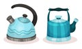 Kettle as Pot for Boiling Water with Lid, Spout and Handle Vector Set