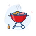 Kettle BBQ Charcoal Grill Vector Outline Illustration. Portable Camping Barbecue Icon.