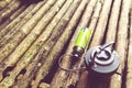 Kettle boiling on a gas stove in the forest camping. Royalty Free Stock Photo