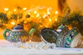 Kettle and bowls, Tajik dishes, Christmas decorations Royalty Free Stock Photo