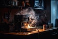 Scene of burnt kitchen appliances, including a kettle and a coffee maker