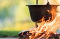 Kettle on the fire , cooking in the nature Royalty Free Stock Photo