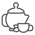 Kettle with green tea and cup line icon, relax concept, chinese tea ceremony sign on white background, Ceramic teapot Royalty Free Stock Photo