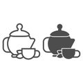 Kettle with green tea and cup line and solid icon, relax concept, chinese tea ceremony sign on white background, Ceramic