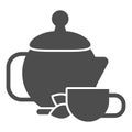 Kettle with green tea and cup solid icon, relax concept, chinese tea ceremony sign on white background, Ceramic teapot