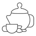 Kettle with green tea and cup thin line icon, relax concept, chinese tea ceremony sign on white background, Ceramic