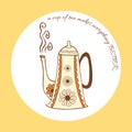 Kettle icon. Kitchen teapot sign made on hand drawn doodle with text