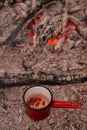 A kettle with natural herbal tea outside in nature near the fire. Living a healthy life close to nature Royalty Free Stock Photo