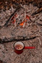 A kettle with natural herbal tea outside in nature near the fire. Living a healthy life close to nature Royalty Free Stock Photo