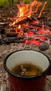 A kettle with natural herbal tea outside in nature near the fire. Living a healthy life close to nature Royalty Free Stock Photo