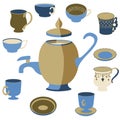 Set of mugs. A samovar. Kettle. Vector illustration. Tea drinking set. Tea dishes.