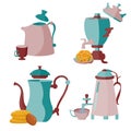 Set of teapots and samovars. Cookies, pretzels. A mug of tea.