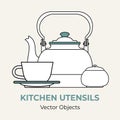 Kettle tea cup saucer sugar bowl simple form vector illustration. Line illustration isolated logo icon cafe menu banner