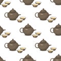 Kettle teapot drink hot breakfast kitchen utensil seamless pattern tea pot with two cups vector illustration.