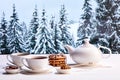 Kettle and two cups of delicious black tea with chocolate cookies on winter forest background Royalty Free Stock Photo