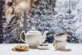 Kettle and two cups of delicious tea with chocolate cookies on winter forest background Royalty Free Stock Photo