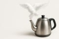 A kettle from which steam flies out in the form of a pigeon. Space for text. Royalty Free Stock Photo