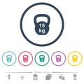 Kettlebel 15 Kg flat color icons in round outlines