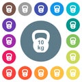 Kettlebel 10 Kg flat white icons on round color backgrounds