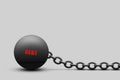 Kettlebell with a chain, the word Debt, on a gray background. copy space. The severity of obligations. Business. Finance