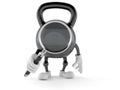 Kettlebell character looking through magnifying glass