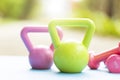 Kettlebell and dumbbell on yoga mat Royalty Free Stock Photo