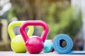 Kettlebell, dumbbell and yoga mat Royalty Free Stock Photo