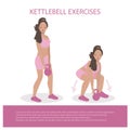 Kettlebell exercises on white background. Workout schedule for women. Healthy and fit young black girl. Flat Illustration Royalty Free Stock Photo
