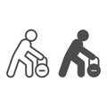 Kettlebell fitness exercising line and solid icon. Athlete with gym barbell symbol, outline style pictogram on white