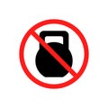 Kettlebell icon and prohibition sign. Ban on lifting weights and exercising. Isolated vector illustration.