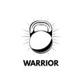 Kettlebell icon. Sport equipment. Fitness badge. Warrior inscription. Kettlebell in beams. Vector.