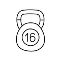 Kettlebell 16 kilograms. Sport equipment line sketch. Hand drawn doodle outline icon. Vector black and white freehand fitness