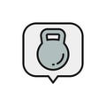 Kettlebell in speech bubble, heaviness in the stomach flat color line icon.