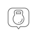 Kettlebell in speech bubble, heaviness in the stomach line icon.