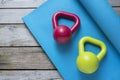 Kettlebell and yoga mat on table Royalty Free Stock Photo