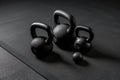 Kettlebells and dumbbells with black plates on floor on black mats background. Generative Ai