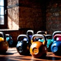 Kettlebells and dumbells, gymn equipment for fitness and weight lifting growing muscles