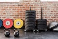 kettlebells in front of weights and bossu Royalty Free Stock Photo