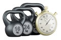 Kettlebells with stopwatch. Sport time, concept. 3D rendering