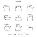 Kettles icon line, linear set vector. Teapot logo. kettle gas black thin line, linear. Black Kettle with handle icon isolated