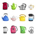 Kettles, teapots, jugs, pitchers, carafe flat set. Teakettles classic and modern.