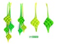 Realistic Ketupat moslem packed rice isolated or delicious food in ied celebration moslem in indonesia or green and yellow