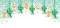 Ketupat, crescent and lantern as Islamic decoration background for ramadan mubarak, eid al fitr with copy space text area, 3D